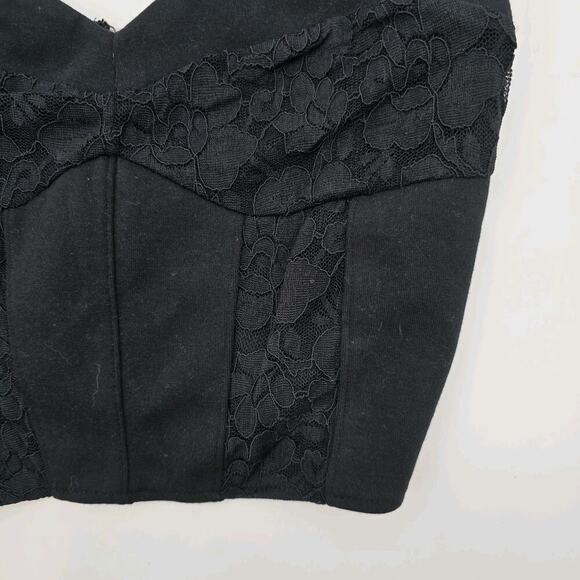 By Anthropologie Top Womens XS Black Tank Cropped Zip Back Corset Knit Lace - Picture 5 of 12